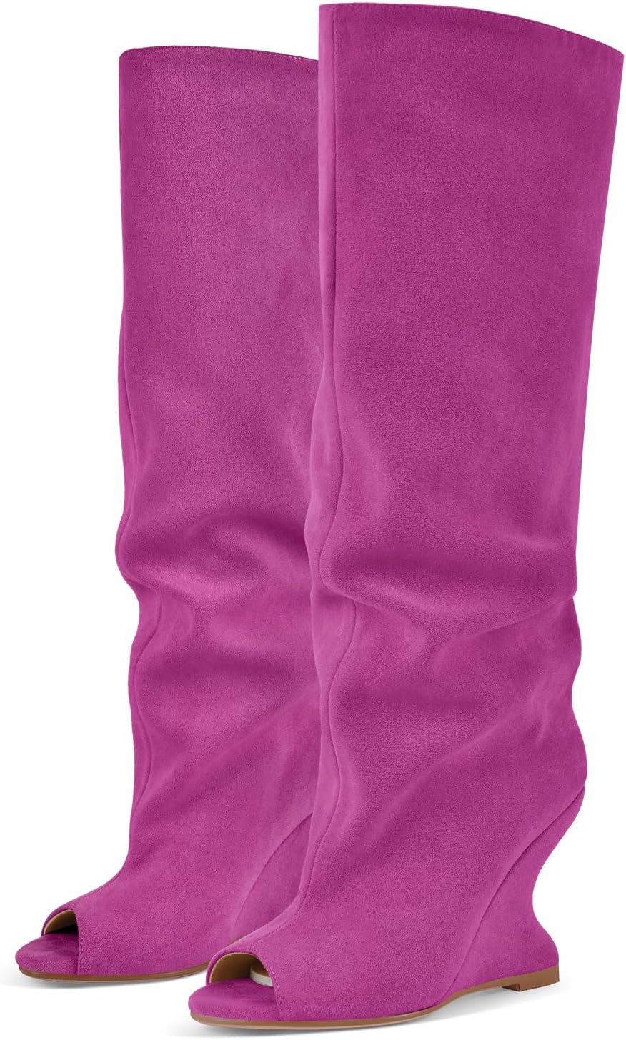 Women's Wedge Knee High Sandal Boots Peep Toe Slouchy Pull On High Heels