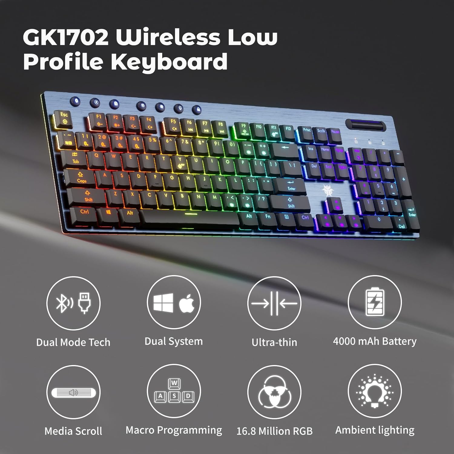 hexgears low profile gaming keyboard w/ultra-thin design, 2-mode wireless rgb mechanical keyboard, dedicated media control & linear red switch (gray) gray & linear