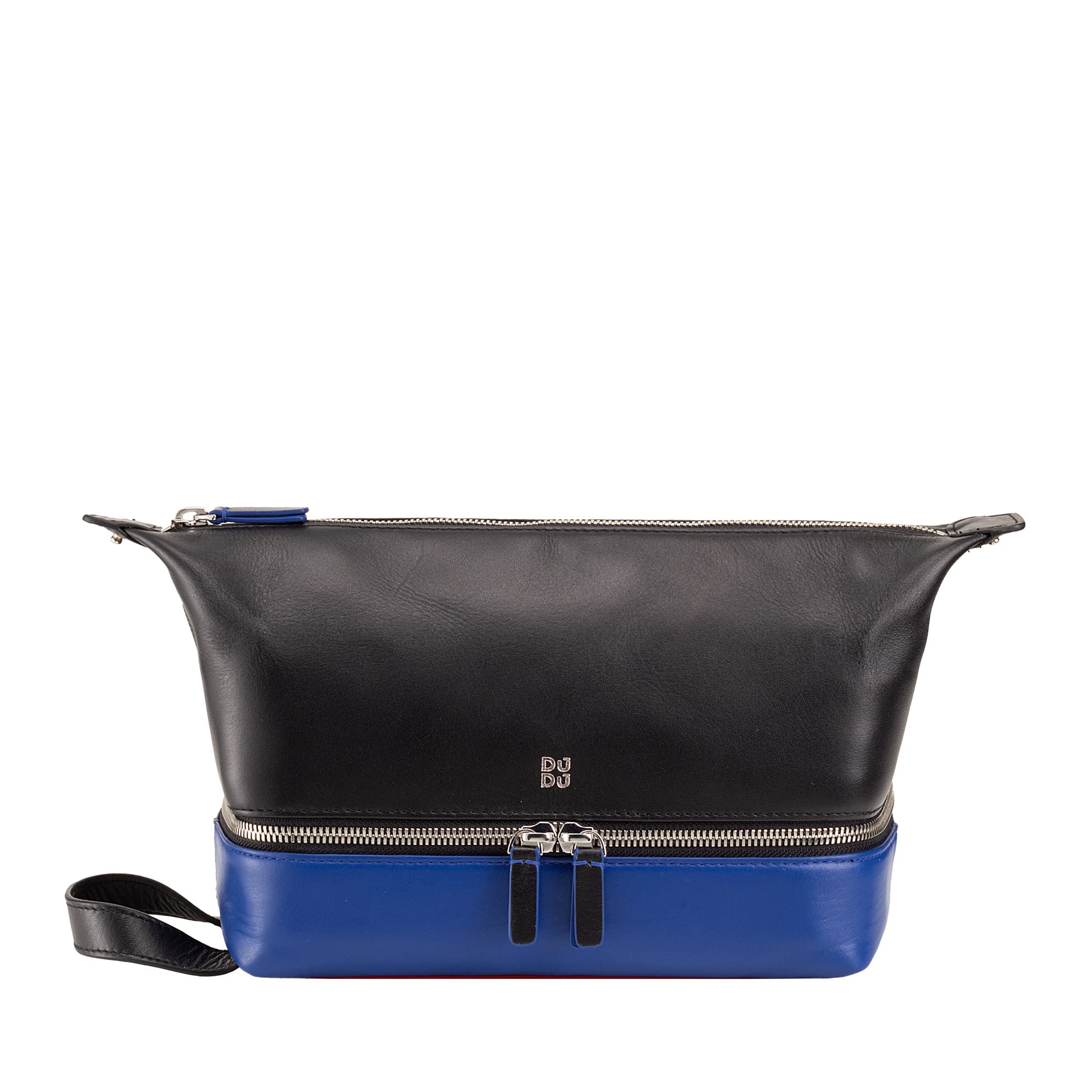 DUDU Beauty Case da Viaggio Uomo Donna, Borsa da Toilette in Pelle Colorata a Mano, 2 Scomparti con Maniglia Nero