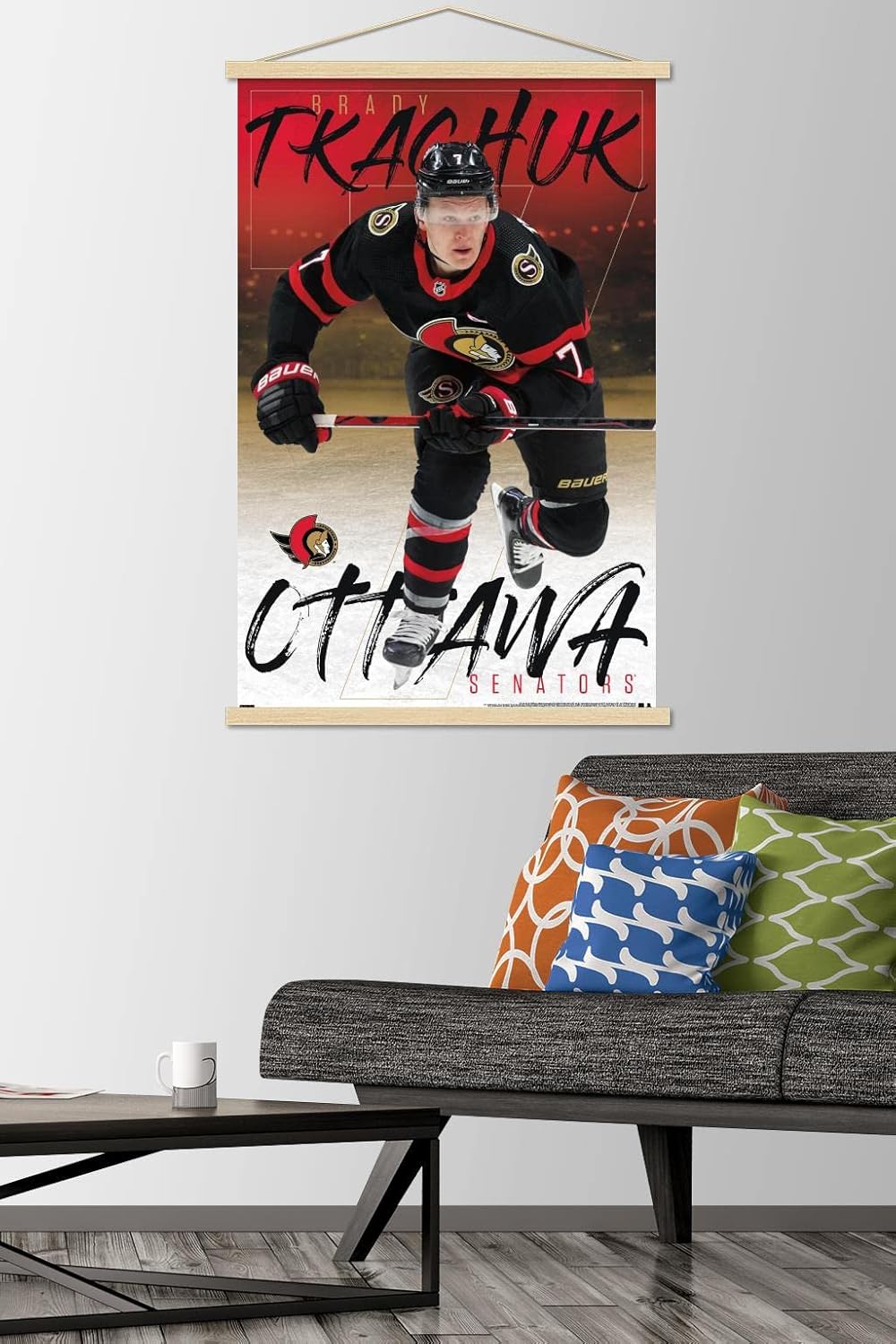 Trends International NHL Ottawa Senators-Brady Tkachuk 21 Wall Poster with Magnetic Frame, 22.375" x 34", Print and Beechwood Hanger Bundle