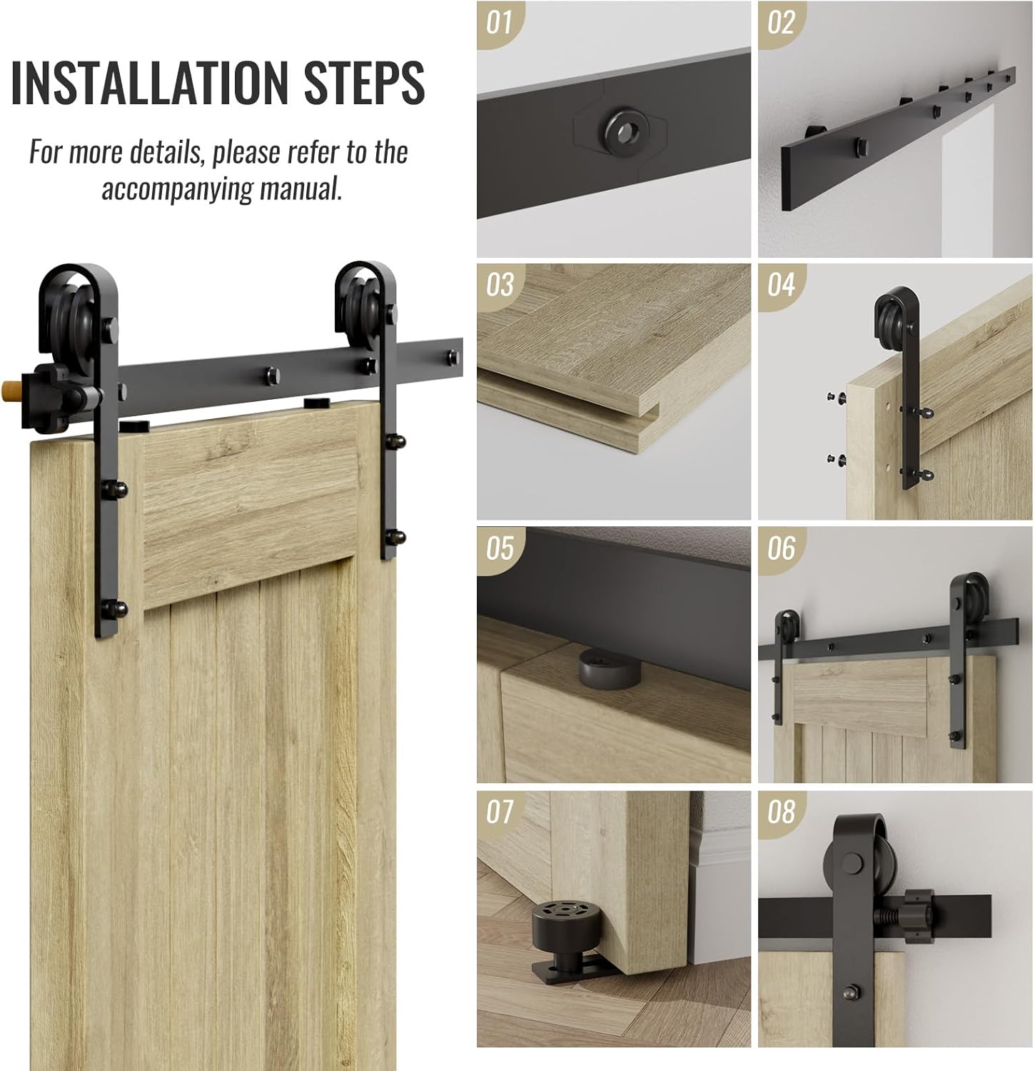 CCJH 6FT/72inch Sliding Barn Door Hardware Kit for Single Door Carbon Steel Black