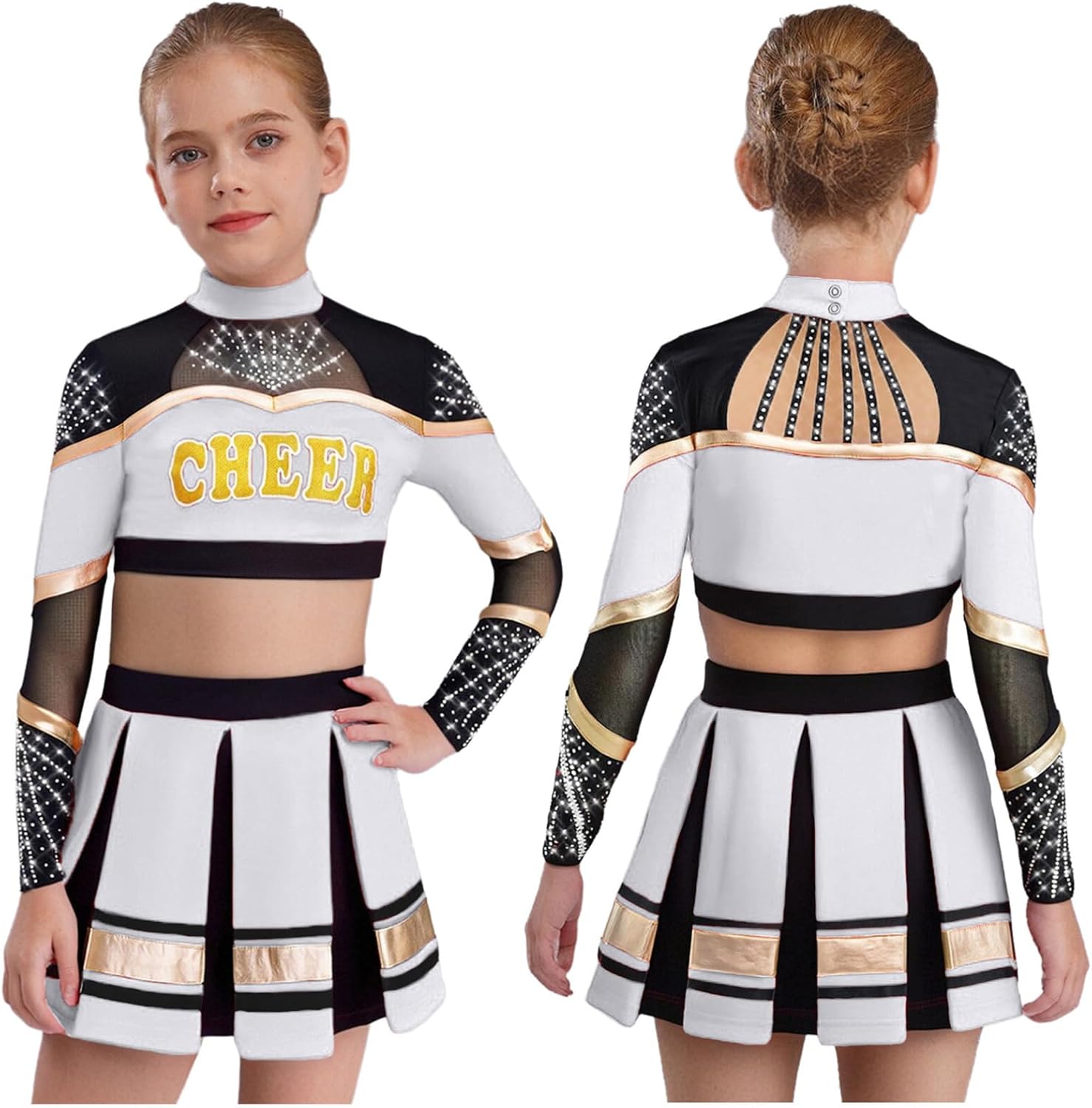 dPois Kids Girls Sparkly Cheerleading Uniform Long Sleeve Crop Top With Pleated Skirt School Performance Outfits