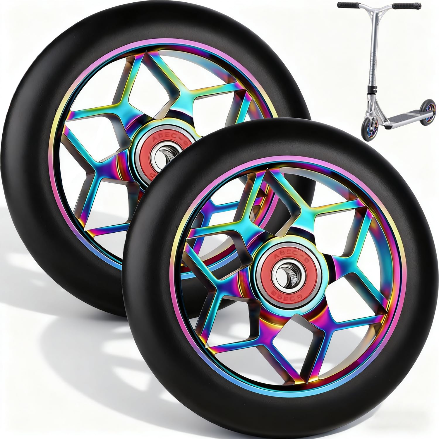 Stunt Scooter Rollen, 2 Stück Ersatzräder für Scooter, 110mm Stunt ScooterReifen mit ABEC, Aluminium Roller Reifen 88A, 9 Kugellager, Schnell, Griffig, Langlebig, Geeignet für Allerlei Scooters