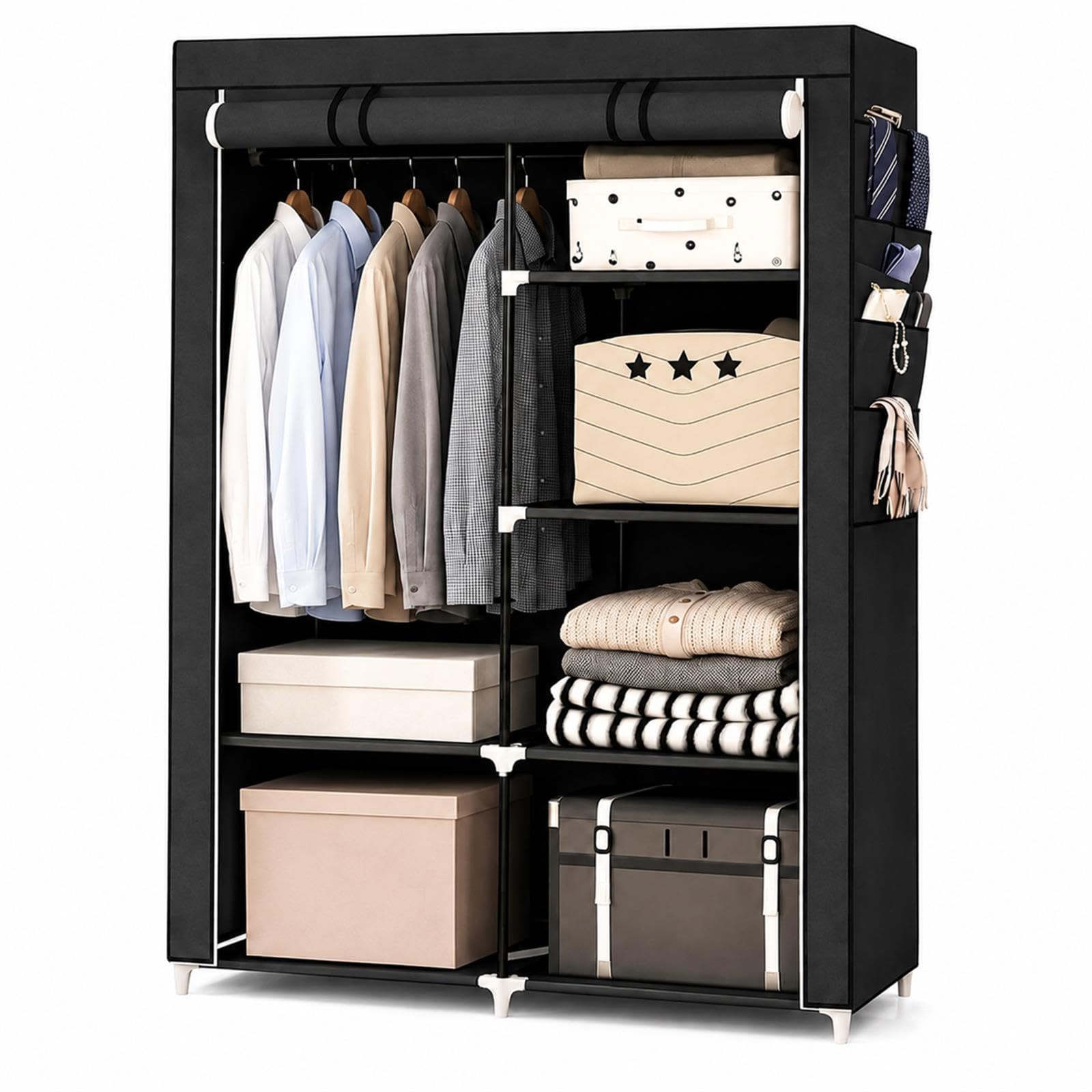 GOOGO Armoire en tissu, armoire portable 90 x 45,5 x 172 cm avec 2 zones de suspension, étagères réglables, 6 poches latérales et housse à fermeture éclair, pour chambre à coucher et appartement (noir