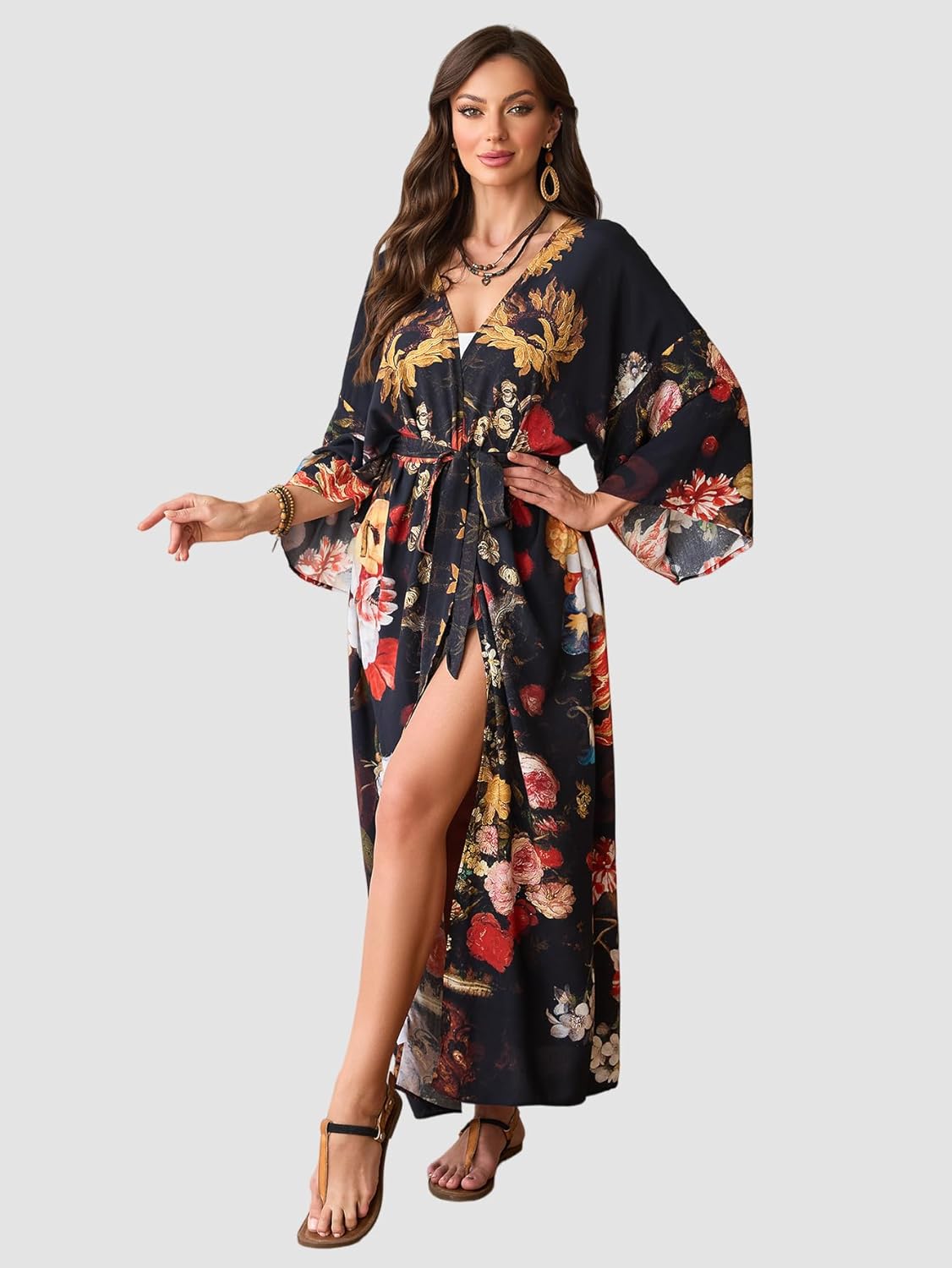 Swimsuit Coverups for Women Long Kimonos Robes Peocock Flower Printed Boho Beach Cover Ups Summer Holiday Sarong Wraps