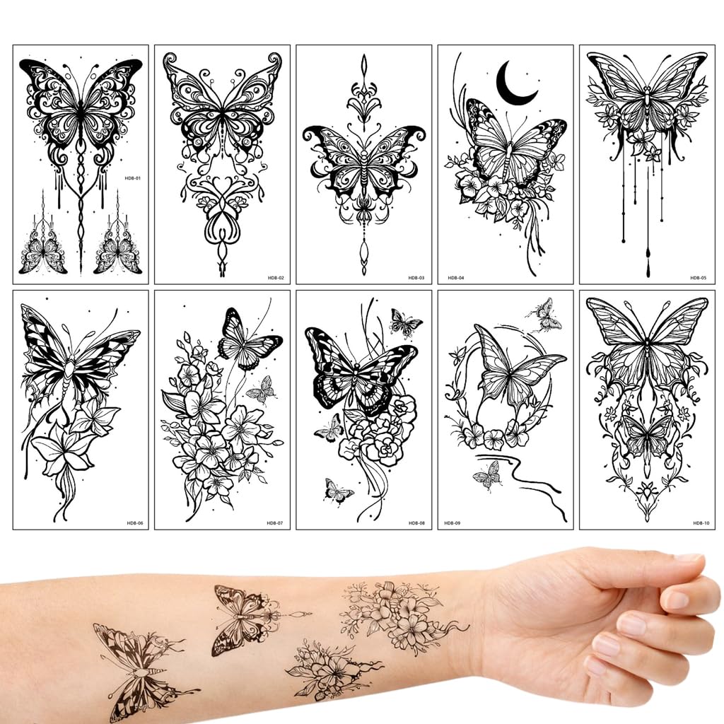 S.A.V.I Black Butterfly Floral Temporary Tattoo Stickers for Women & Girls, 10 Sheets 12x6.8 cm Large Waterproof Non-Toxic Body Art for Arm Wrist Shoulder Ankle Festival Party (#326)-image-36