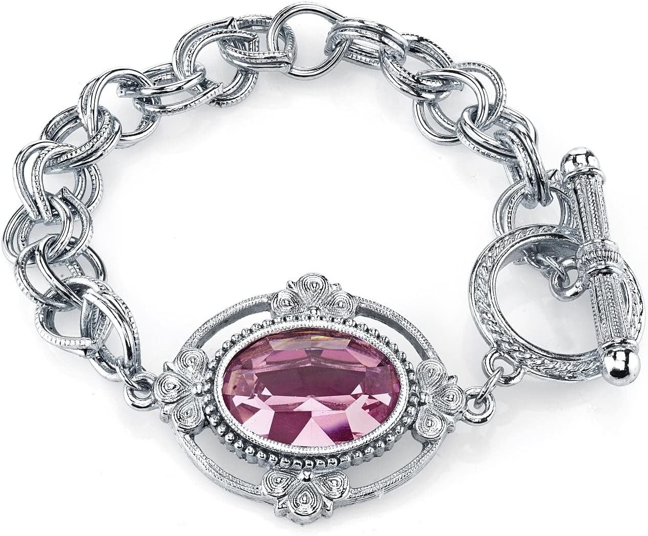 1928 Jewelry Women's Oval Lux Crystal Silver Toggle Link Bracelet
