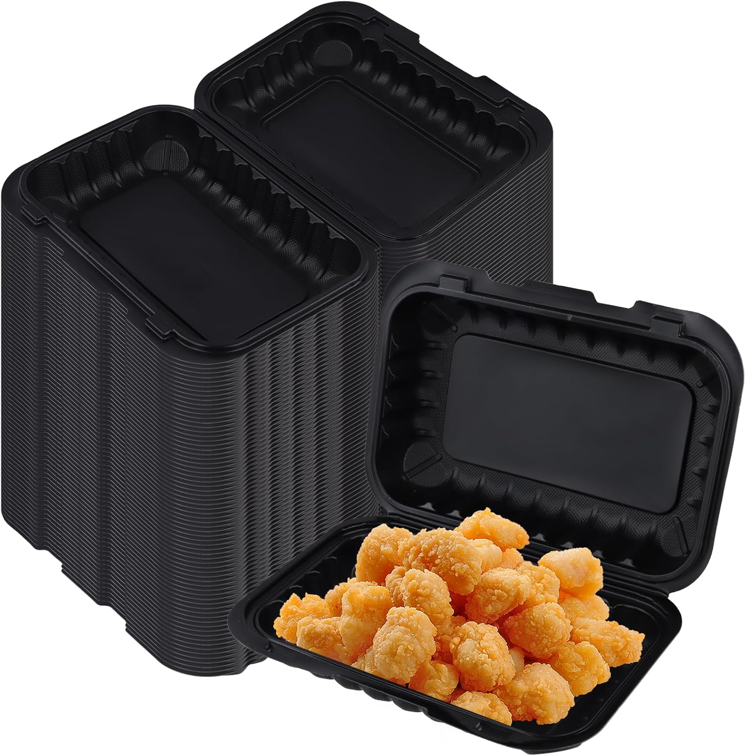 SINJEUN 70 Pack Black Clamshell Boxes, 9 x 6 x 2.6 Inches Reusable Black To Go Containers with Lids, Plastic Clamshell Boxes for Meal Prep, Salad Breakfast