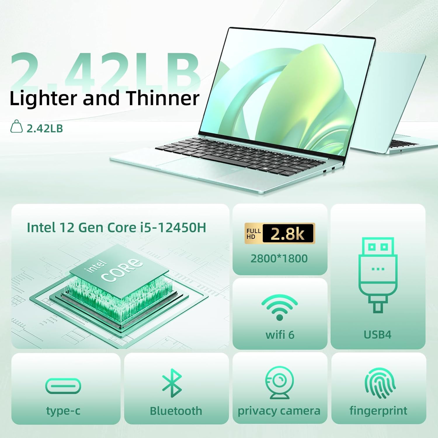 AIERXUAN 14" 2.8K FHD Slim Laptop, 8 Cores i5-12450H (Up to 4.4 GHz) 16GB DDR5 1TB NVMe SSD, 1.1kg Lightweight Laptops, 65W Fast Charge, USB4/WiFi 6, Fingerprint & Privacy Camera (Green)