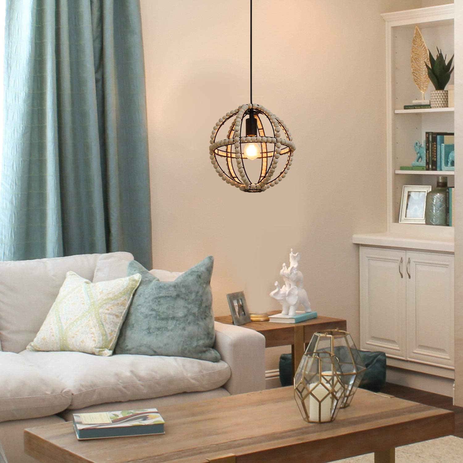 Crazy Clearance Wood Bead Chandelier Pendant Lamp, Modern Wood Bead Chandelier Ceiling Fixtures-1 Lights (Bulb not Include), Industrial Metal Ring Frame Ceiling Lamp Kitchen Island Vintage Hanging Light Fixtures