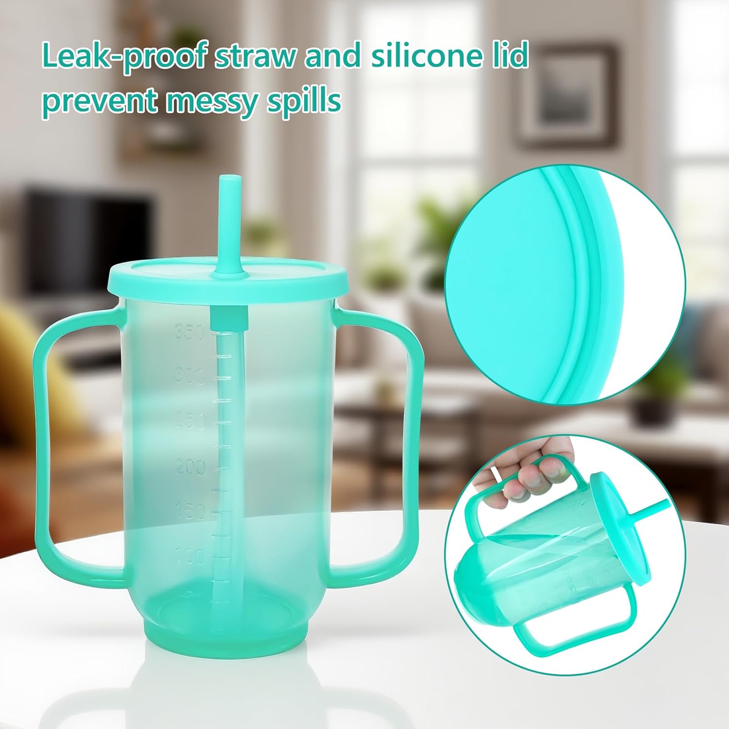 Adult Sippy Cups for Elderly, 12oz Spill Proof Cup with 2 Handles Plastic Elderly Sippy Cup with Straw and Lid, Suitable for for Seniors and Adults, Great for Water, Milk, and Soup - Image 3