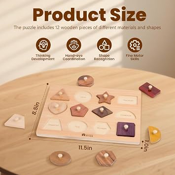 Adena Montessori 12-Piece Shape Peg Puzzle, 1-2y