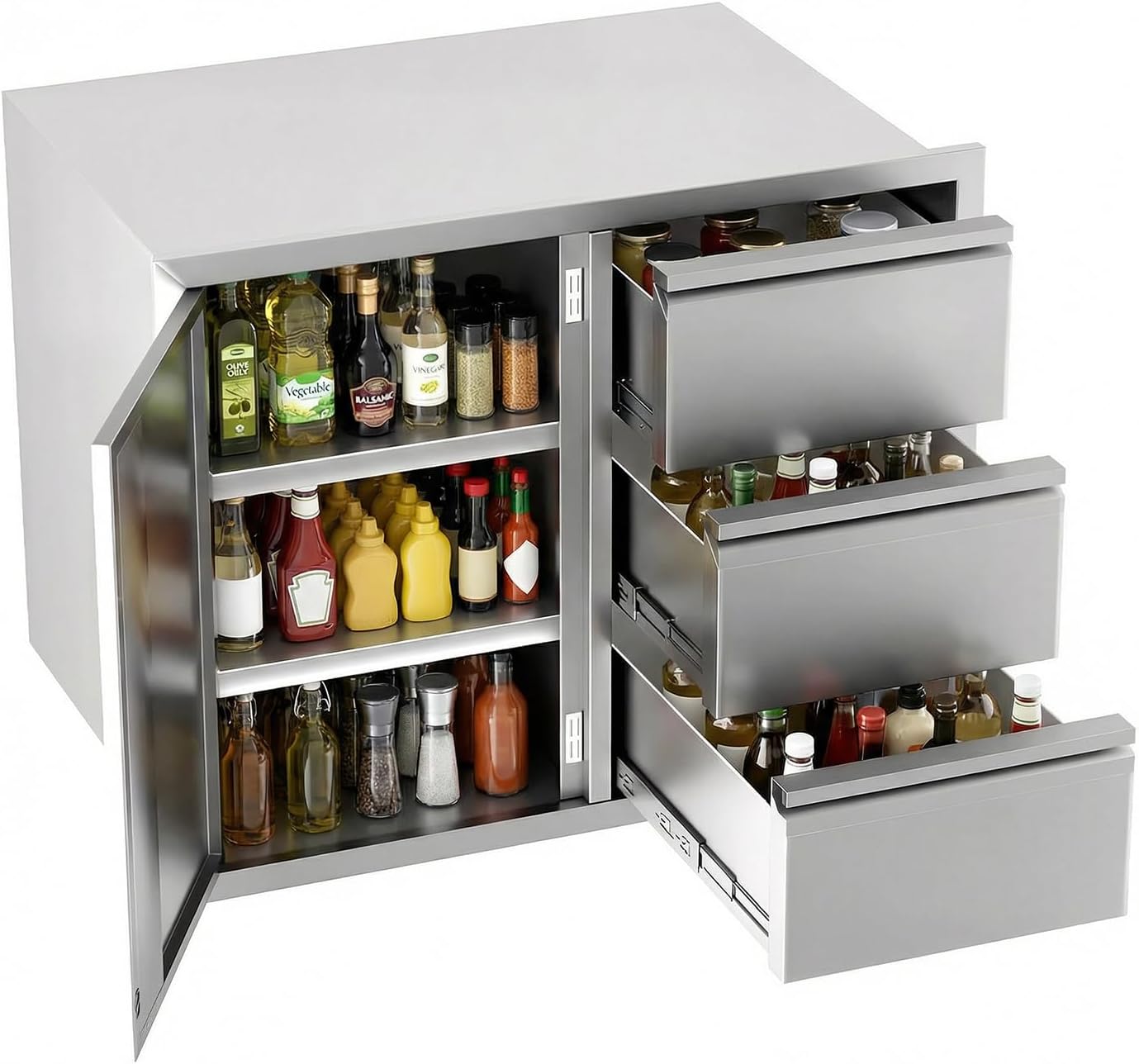 Combo Outdoor Kitchen Cabinets 28" W x 22" H x 19.1" D, Stainless Outdoor Kitchen Cabinets 3-Tier Cabinet & Access Door Outdoor Kitchen Drawers Combo Cabinet, Stainless Steel Cabinet for BBQ Island