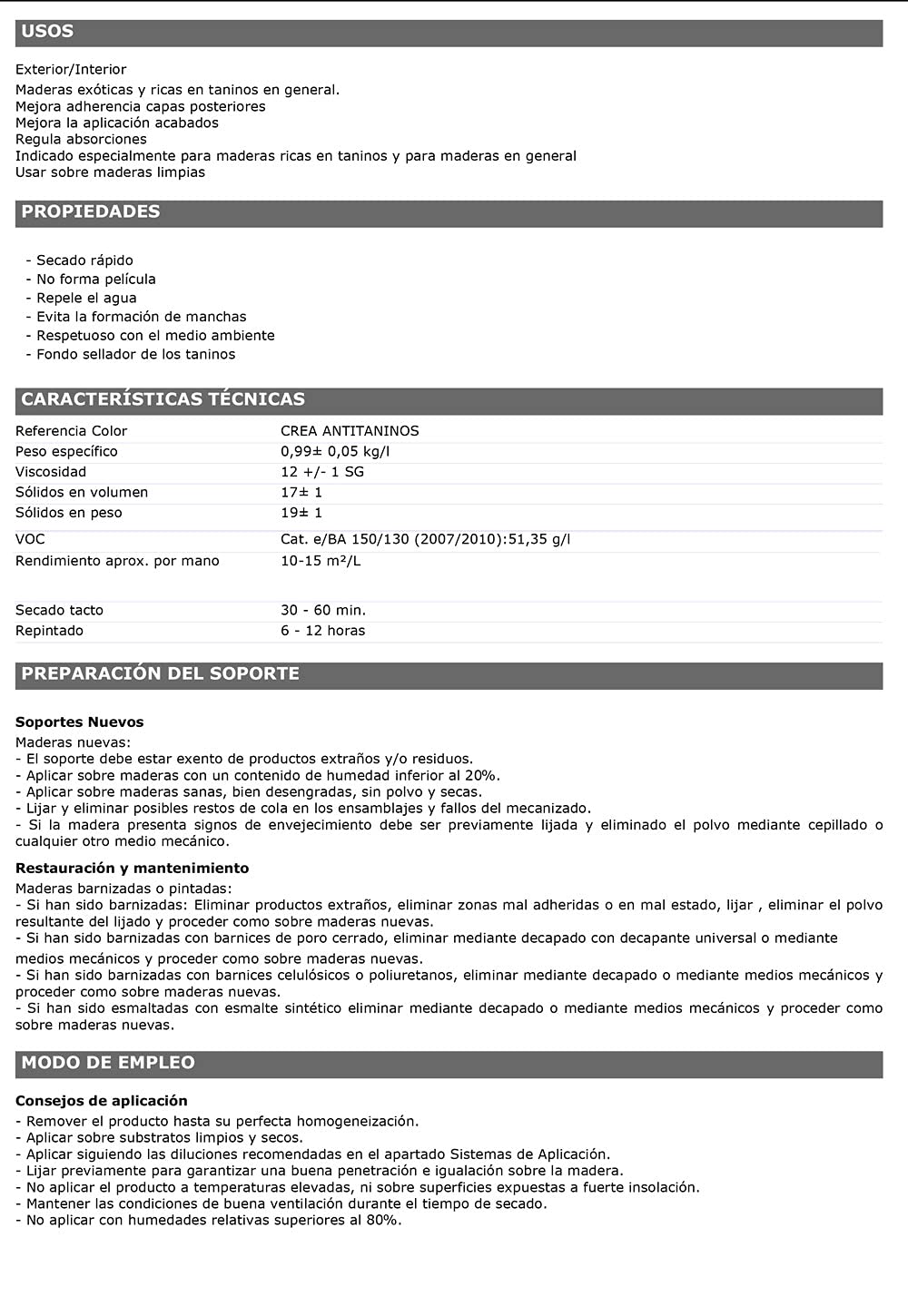 Fondo Protector al Agua Transparente para Maderas. Indicado para Maderas Tropicales y Resinosas. Antitaninos Gama Crea. (10L)