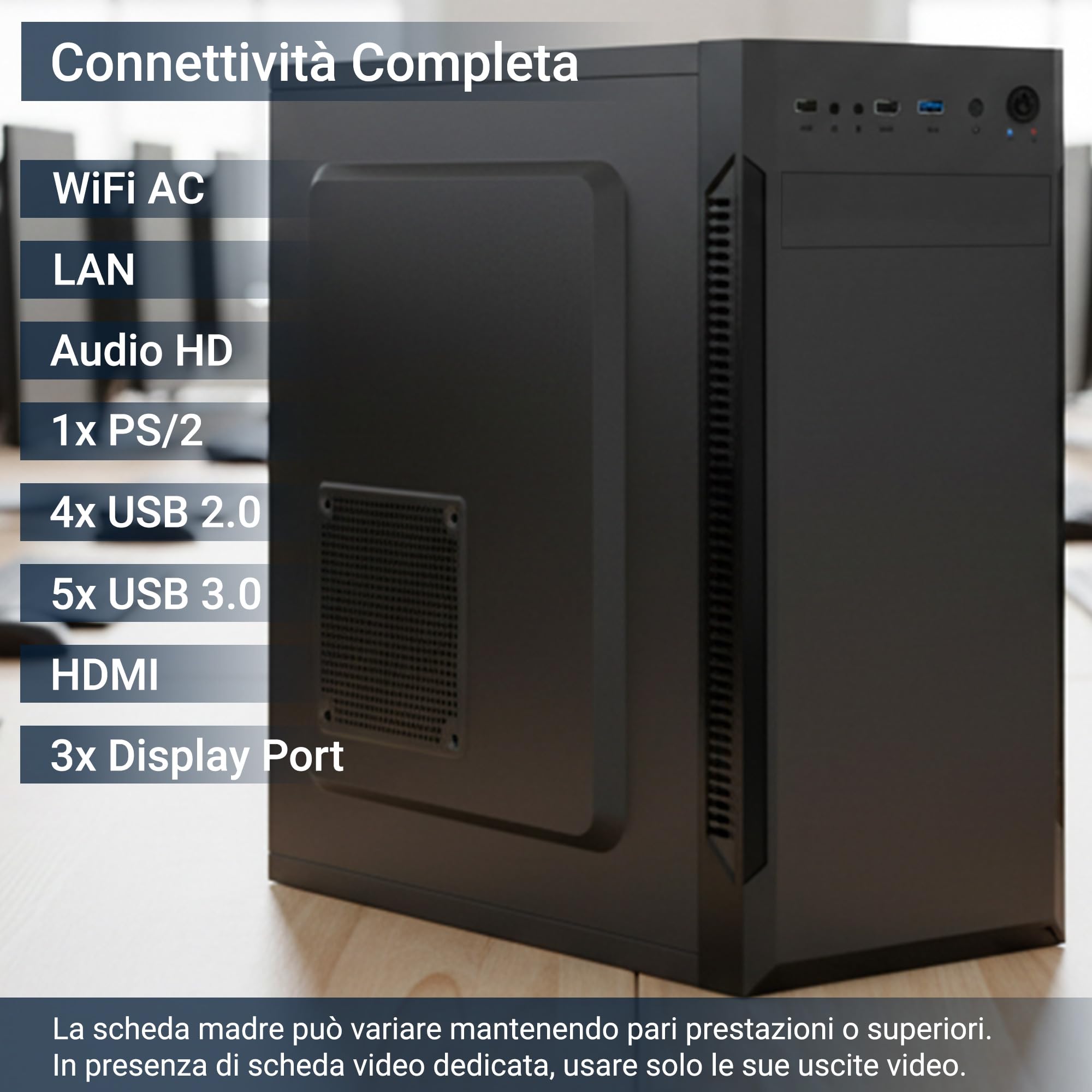 PC Fisso Completo – Computer Desktop AMD Ryzen 5 4500 • RAM 32GB DDR4 • SSD 1TB NVMe M.2 • Scheda Video Arc A380 6 GB • Wi-Fi AC • Masterizzatore DVD • HDMI • USB 3.0 • Windows 11 Pro
