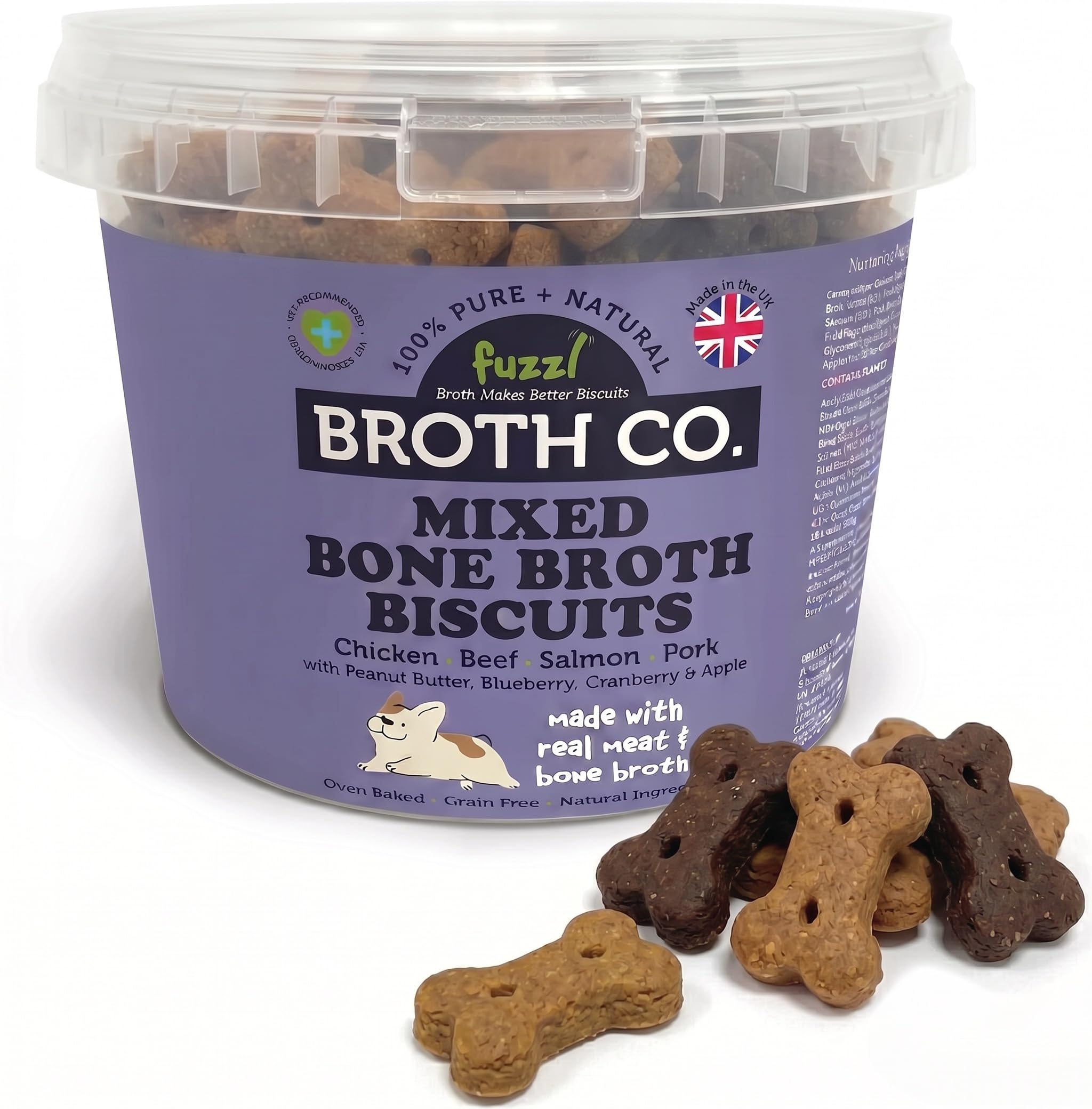 Fuzzl Broth Co. Mixed Bone Broth Biscuits - 1kg (2.5l Tub) - Grain Free, High Protein Biscuits Chicken, Beef, Salmon, Pork - All Natural, Gently Baked Savory Snacks