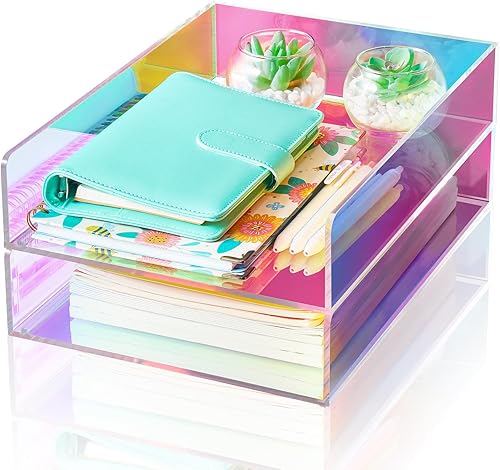NiOffice Bandeja de letras de acrílico iridiscente de 2 niveles, organizador de papel de escritorio apilable para retratos con barras inferiores,
