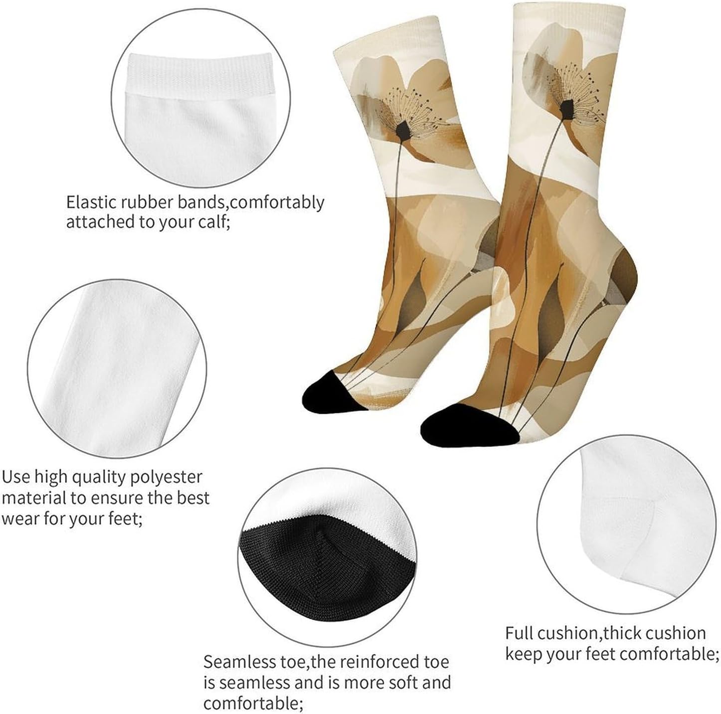 Moisture Wicking Socks, Breathable, Lightweight Crew Sock, Casual | Brown Abstract Shapes Work Socks for Women Men, Elastic Soft Boot Socks for Travel, Seamless