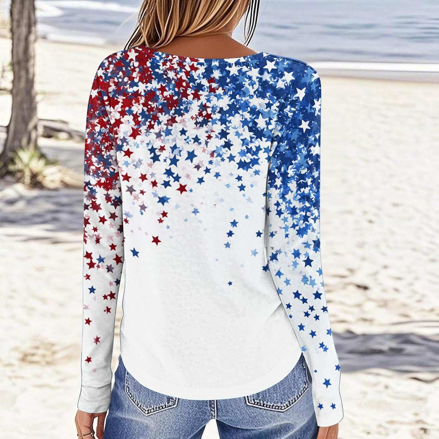 Women's 4Th of July Shirts, Long Sleeve Crewneck American Flag Graphic Tops, Casual Patriotic Blouse, S-2XL