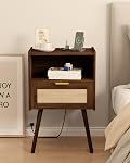 JOONEE Rattan Nightstand with Charging Station,Modern Bedside Table with 2 Storage Drawer and Open Wood Shelf, for Bedroom and Small Spaces,Night Stand with Solid Wood Legs (Walnut Brown)