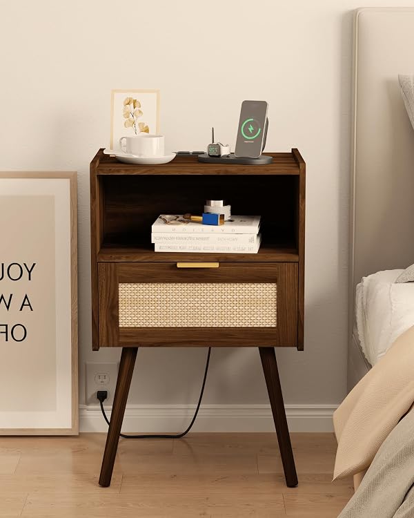 JOONEE Rattan Nightstand with Outlet,Modern Bedside Table with Storage Drawer and Open Wood Shelf, for Living Room, Bedroom and Small Spaces, Accent Night Stand with Solid Wood Legs,Walnut Brown by JOONEE - Used condition - CA$58.24