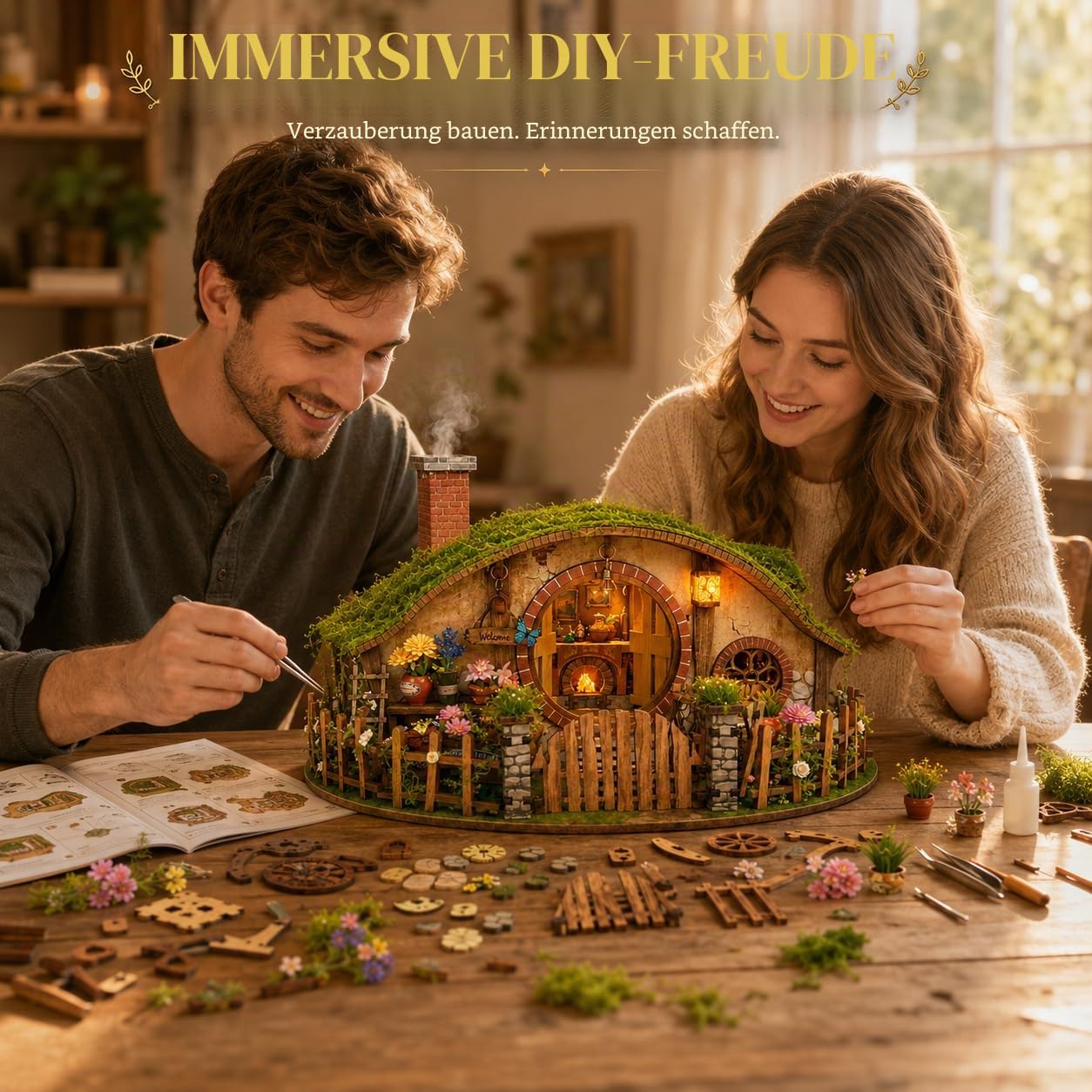 Spilay Miniatur Haus, Fantasy Hügelhaus Puppenhaus Holz | DIY Miniature House mit LED-Licht, 3D Puzzle für Erwachsene, Miniatur Bausatz, Regal Deko Geschenk