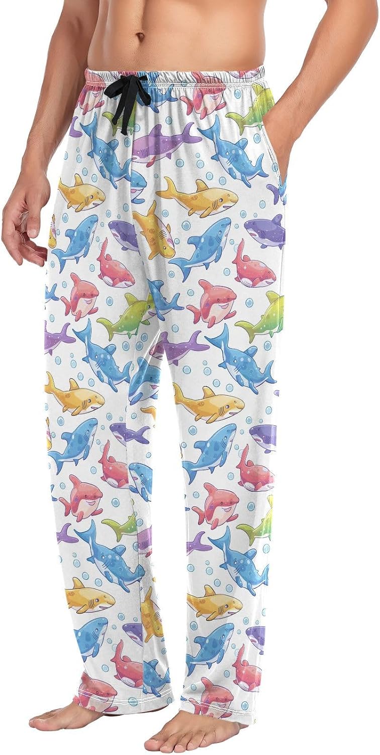 ALAZA Cute Shark Bubble Rainbow Color Men's Sleepwear Mens Pajama Pants Bottoms with Pockets, S