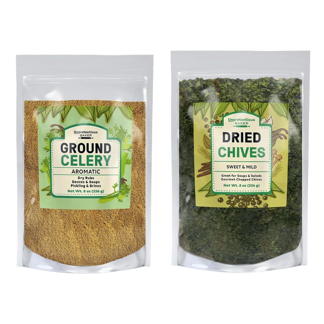 Unpretentious Dried Chives and Ground Celery Seeds Bundle, 8 oz Each, Flavorful Spices, Brines & Salads