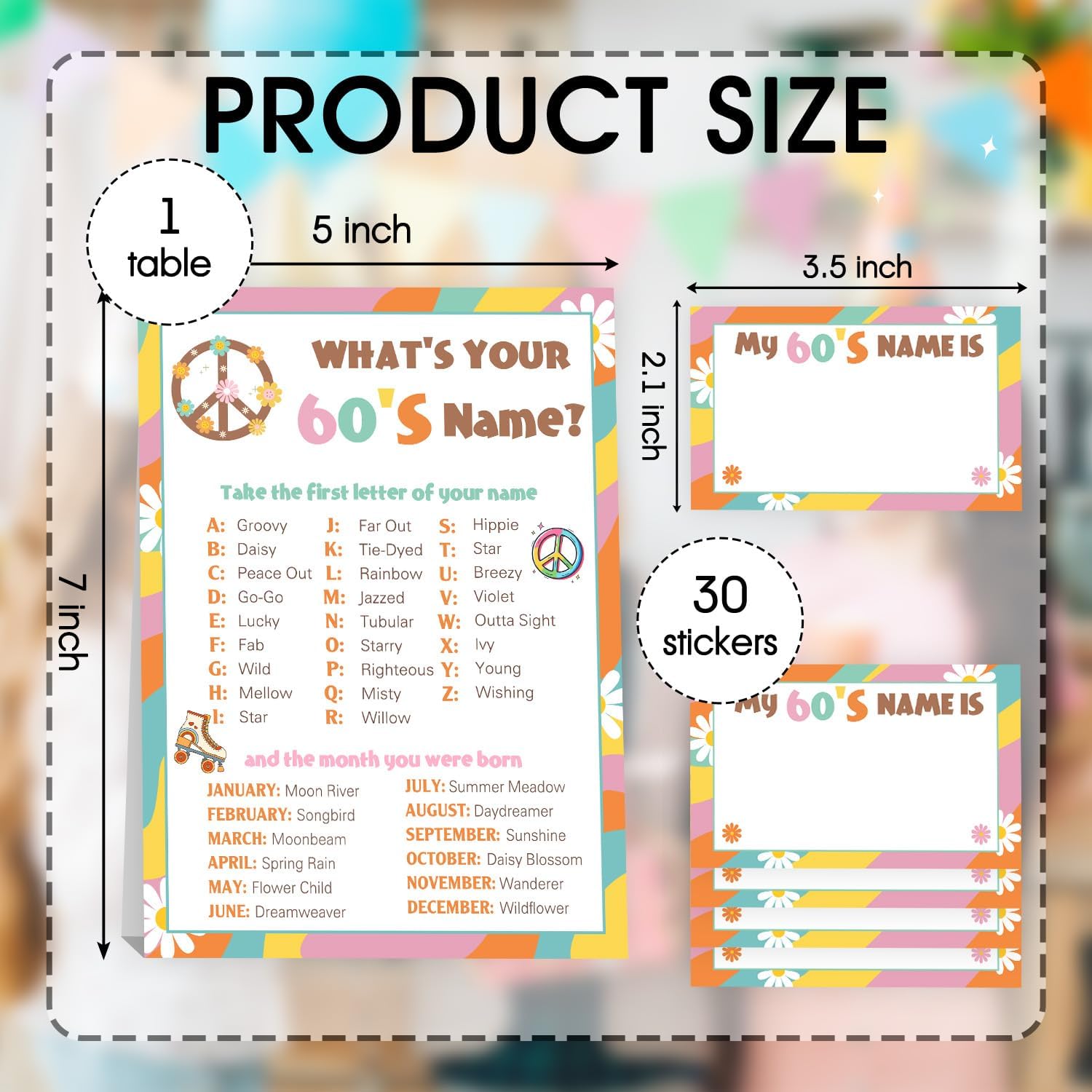 What's Your 1960's Name Game Set, 1 Double Sided Sign and 30 Name Stickers, Groovy Birthday Party Games, Perfect for Hippie & 60's Themed Party Decorations and Activities for Kids and Adults image 2