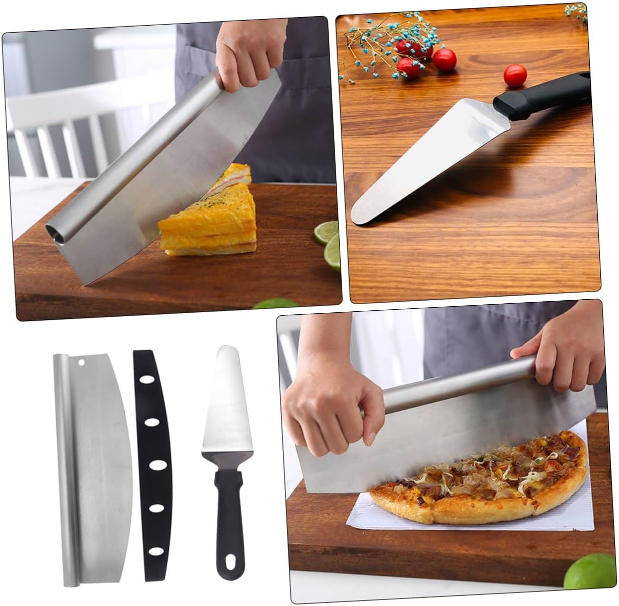 Veemoon Pizza Cutter Tool Stainless Steel Pizza Shovel Set 2pcs with Pp Cover Multifunctional Semi-circular Wheel for Baking in Kitchen