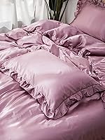 Vista 8 de Juego de funda de edredón sedosa de satén similar a la seda, color rosa rubor con estampado de satén con volantes rosados, 1 funda de edredón y 2