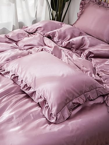 Miniatura 8 de Juego de funda de edredón sedosa de satén similar a la seda, color rosa rubor con estampado de satén con volantes rosados, 1 funda de edredón y 2