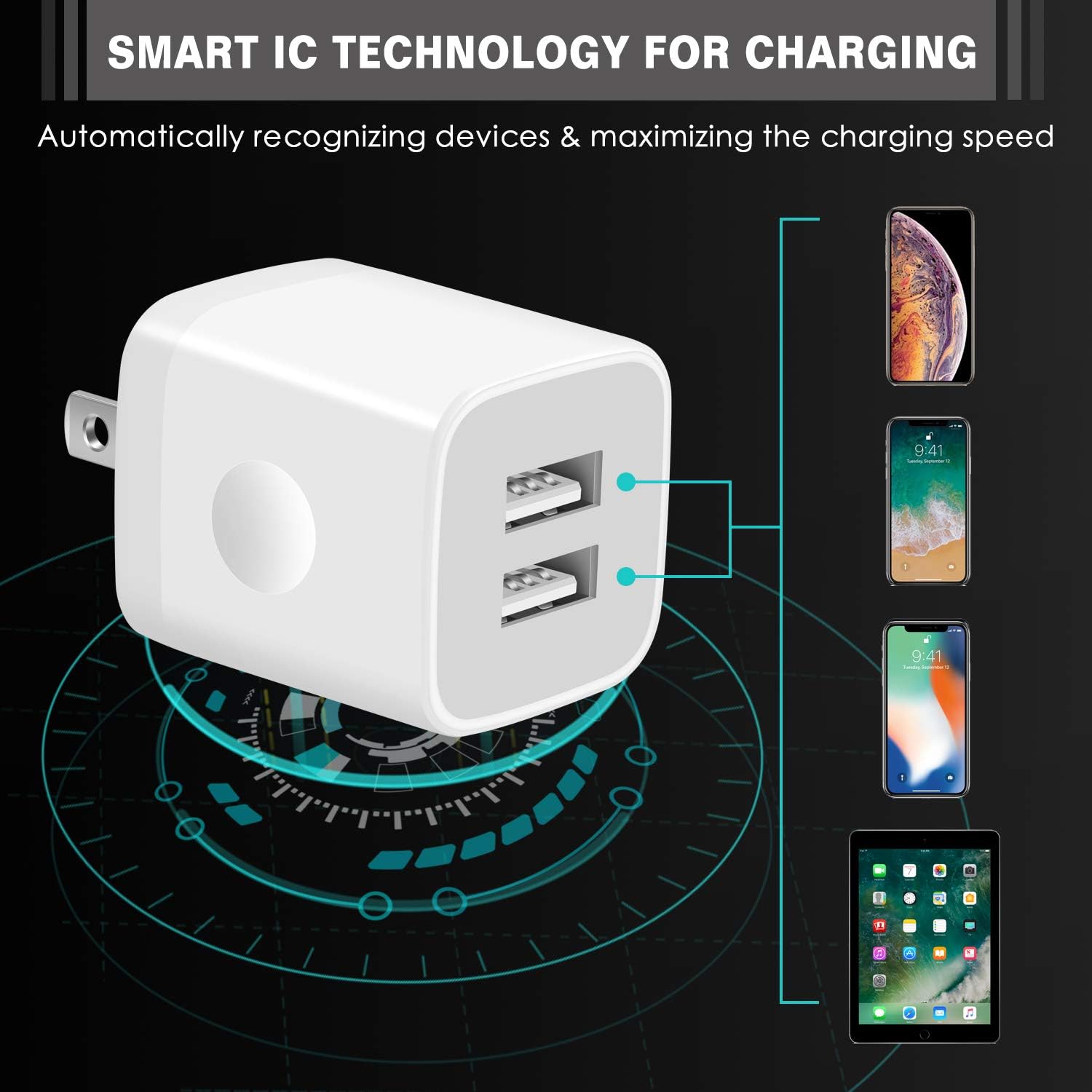 Power-7 USB Wall Charger, 5-Pack 2.1A Dual Port USB Charger Plug Power Adapter Charging Block Cube for Phone Xs Max Xs XR X 8 7 6S 6 Plus 5S, Pad, Samsung Galaxy S8 S7 S6 Edge, LG, Moto, Android Phone