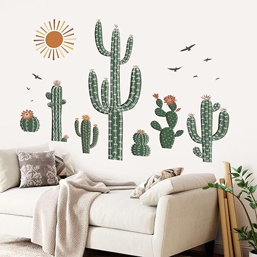 Miniatura 2 de wondever Calcomanías de pared de cactus bohemios, plantas verdes de cactus tropicales, calcomanías de arte de pared para sala de estar, dormitorio,