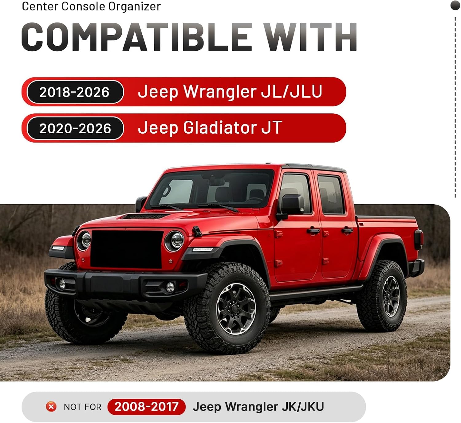 Center Console Organizer for 2018-2026 Jeep Wrangler JL JLU 4XE Rubicon Sahara & 2020-2026 Gladiator JT Accessories, Gear Shift Side Tray & Hanging Armrest Storage Box 3PCS (Not for JK/JKU)