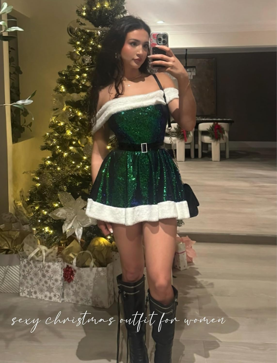 Avidlove Christmas Lingerie Off Shoulder Santa Lingerie for Women Sequin Babydoll Chemise S-XXL