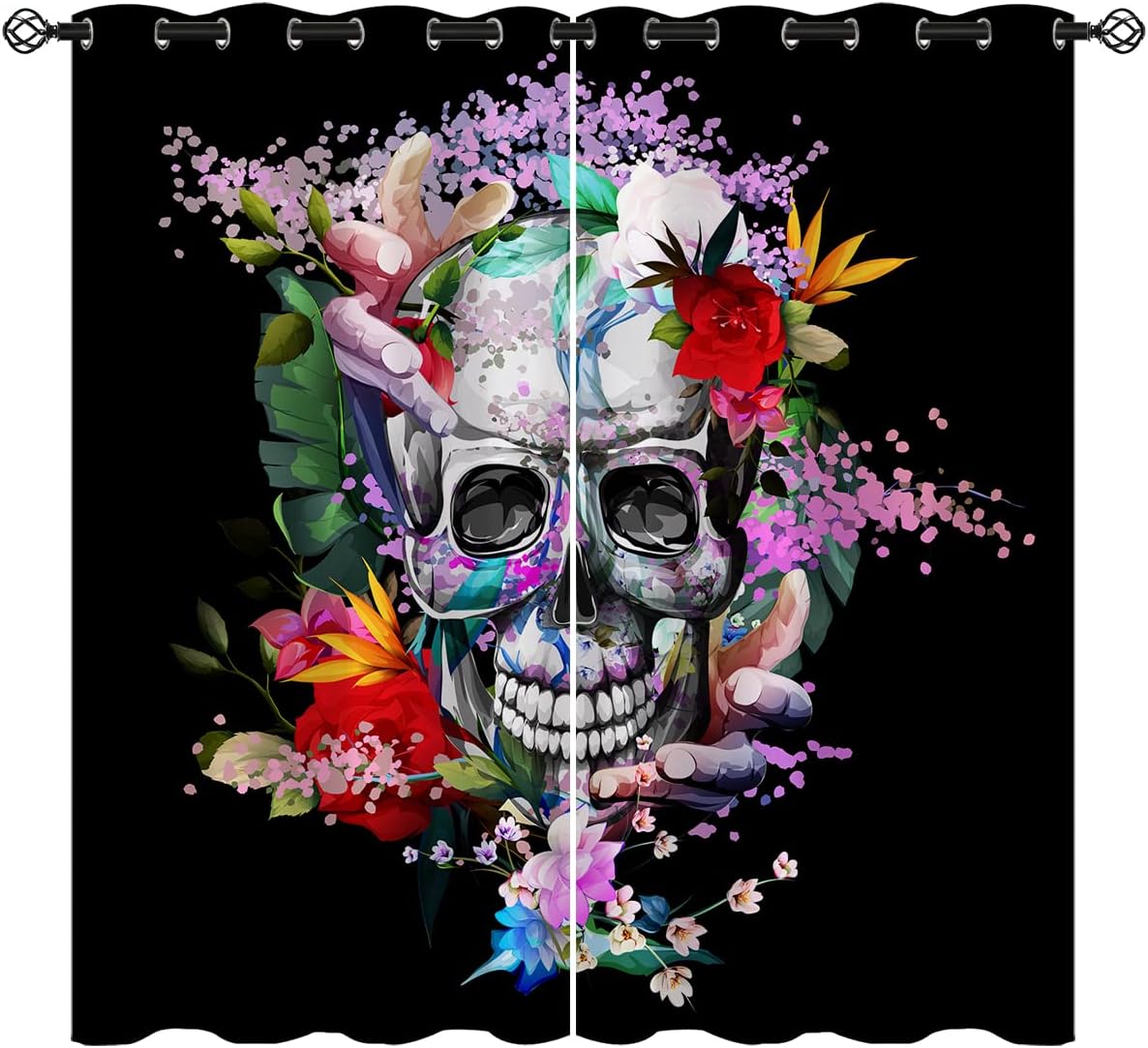Skull Blackout Curtains for Girls Boy Home Decor, Halloween Dead Skeleton Flowers Gothic Grommet Thermal Insulated Drapes Darkening Window Curtain for Bedroom Living Room, 42 x 63 Inch
