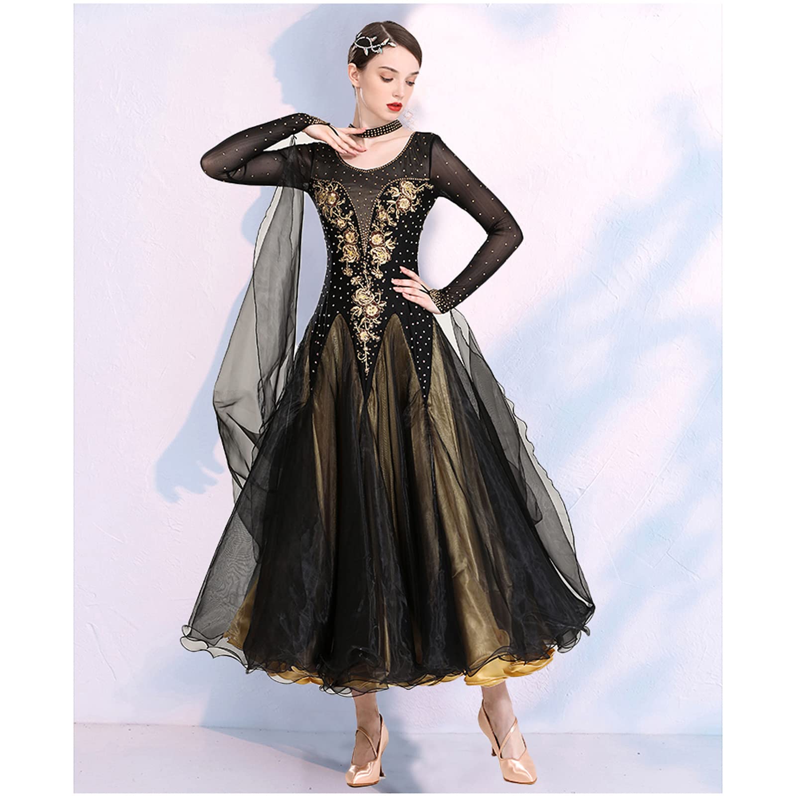 Abiti da Ballo da Sala A Maniche Lunghe Abbigliamento da Competizione National Standard Salsa Valzer Scollo Rotondo Costumi da Spettacolo Moderno Flamenco Strass Luccicanti,B,M