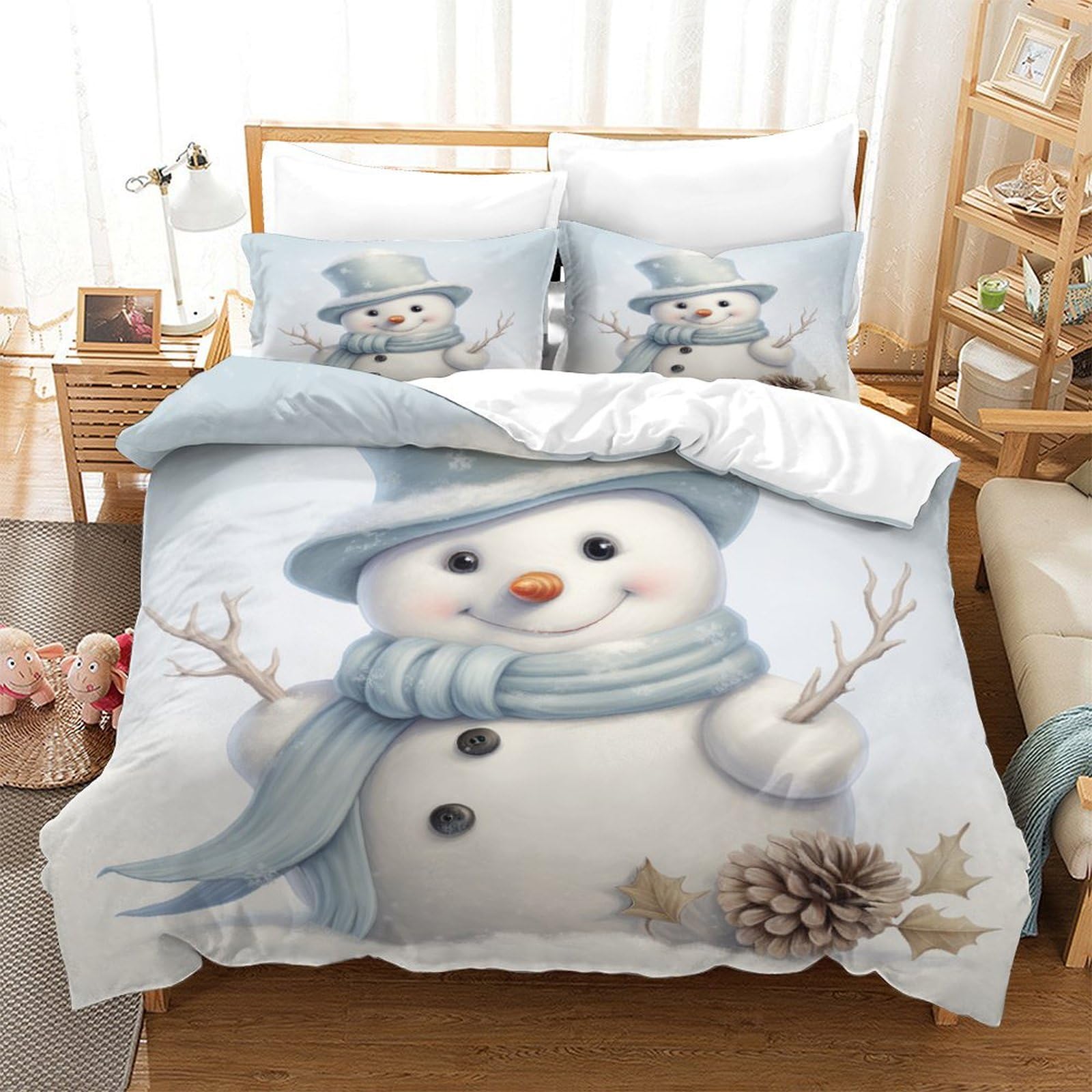 Housse de couette bonhomme de neige 140x200 cm avec 2 taies d'oreiller en microfibre pour lit simple