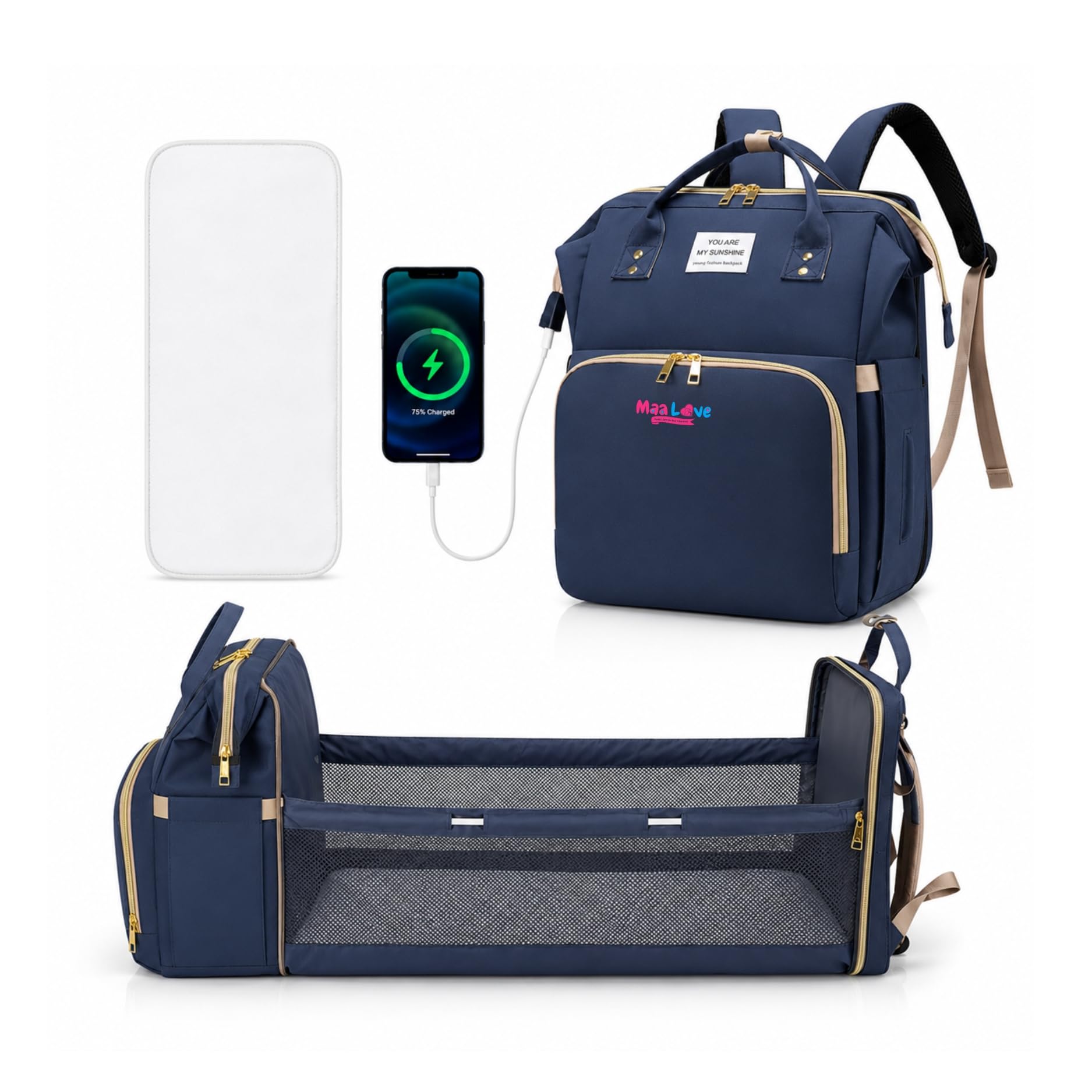 MaaLove diaper backpack with changing pad | Foldable Mummy Bag With Integrated Bassinet, Travel Crib, And Waterproof Design | Backpacks | Foldable Bag | Travel Bags | Diaper Bag | (Blue)-picture-10