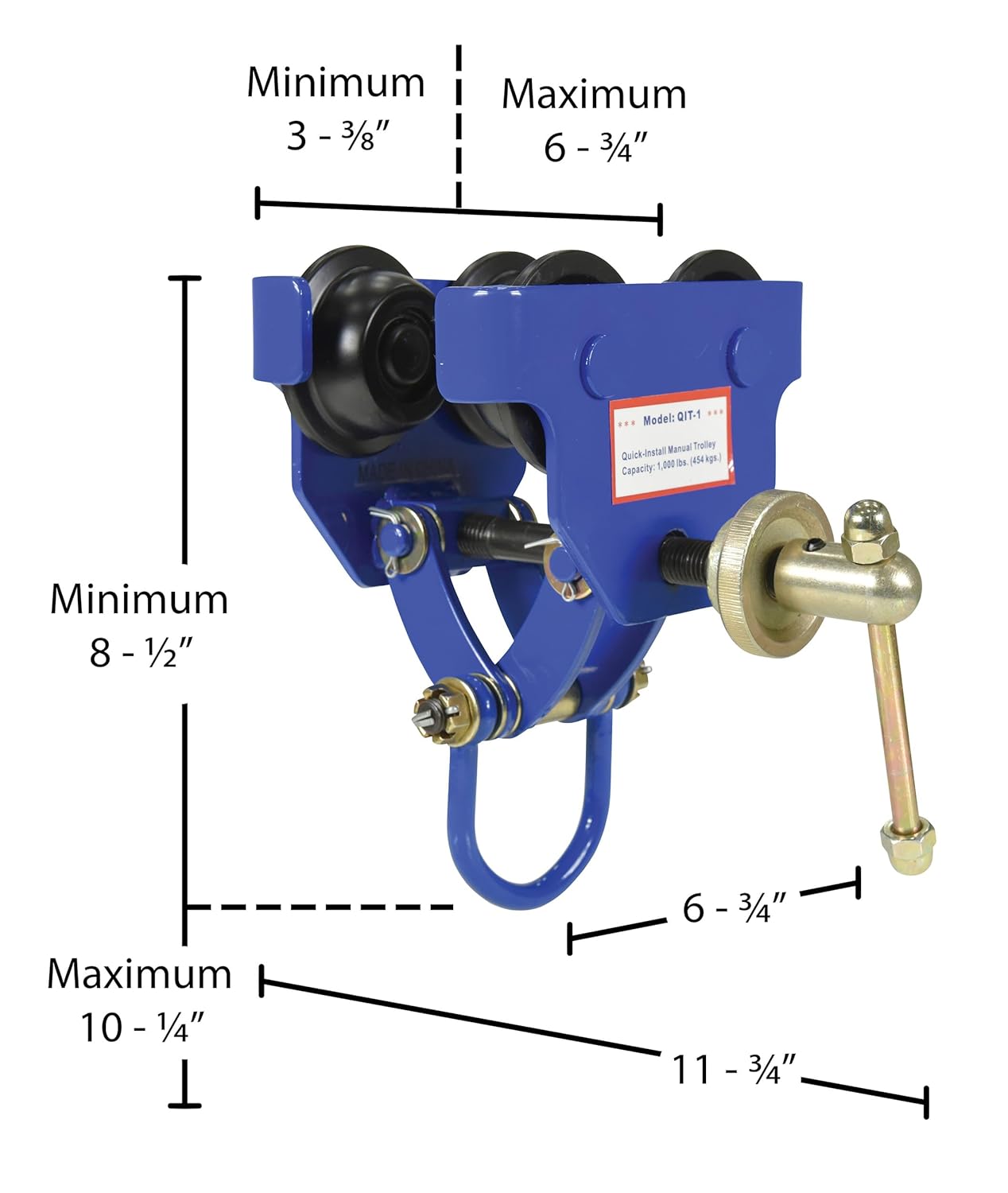 Vestil QIT-1 Steel Quick Install Manual Trolley 6-3/4 In. x 11-3/4 In. x 10-1/4 In. 1000 Lb. Capacity Blue