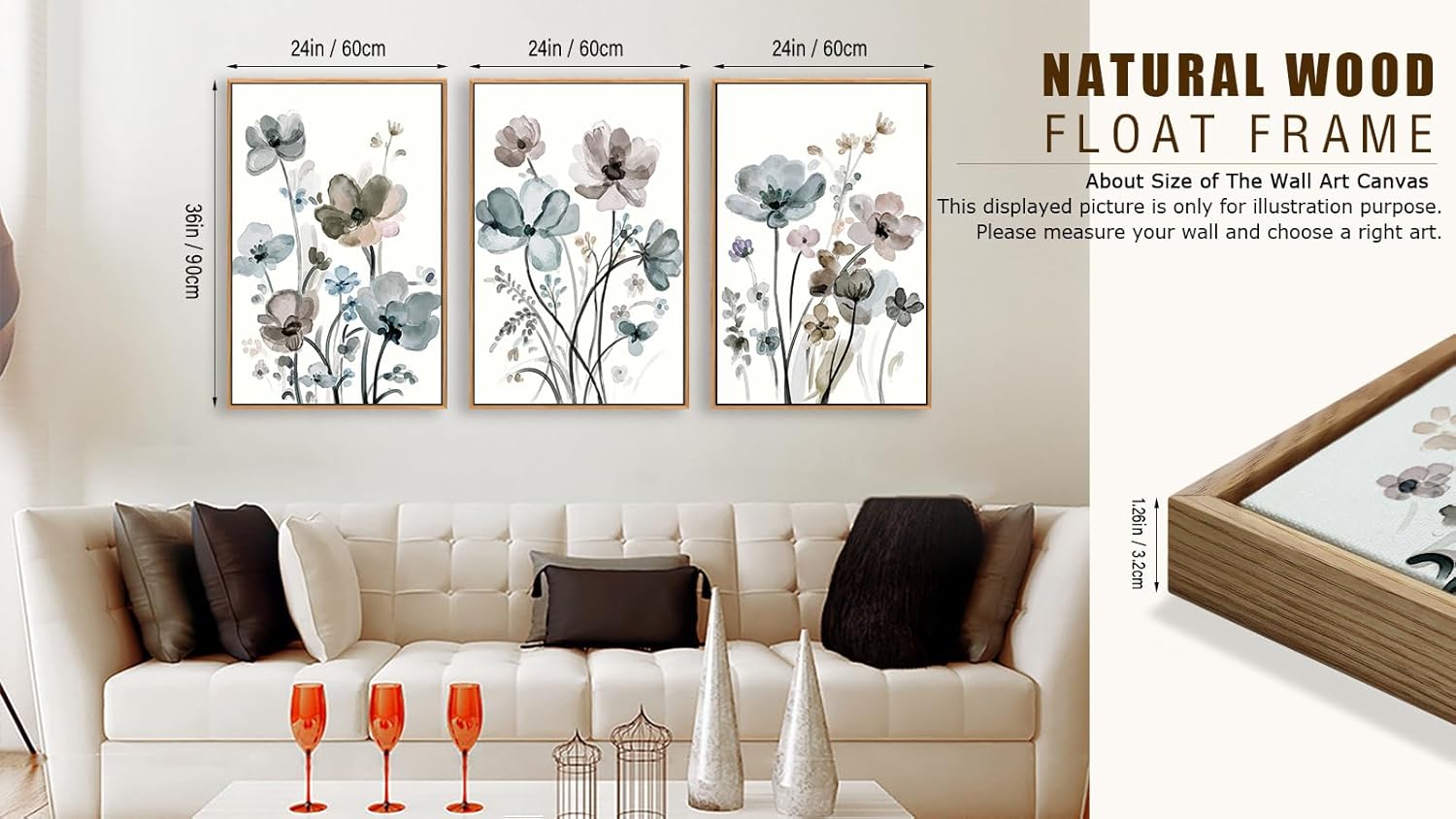 NINEASO Flowers Framed Canvas Wall Art - Cream White Flowers Pictures Abstract Beige Floral Wall Decor Botanical Painting Print Artwork Living Room Bedroom Home Office Decorations 24x36in*3 Natural 36"L x 24"W ( Framed ) Abstract Botanical Floral