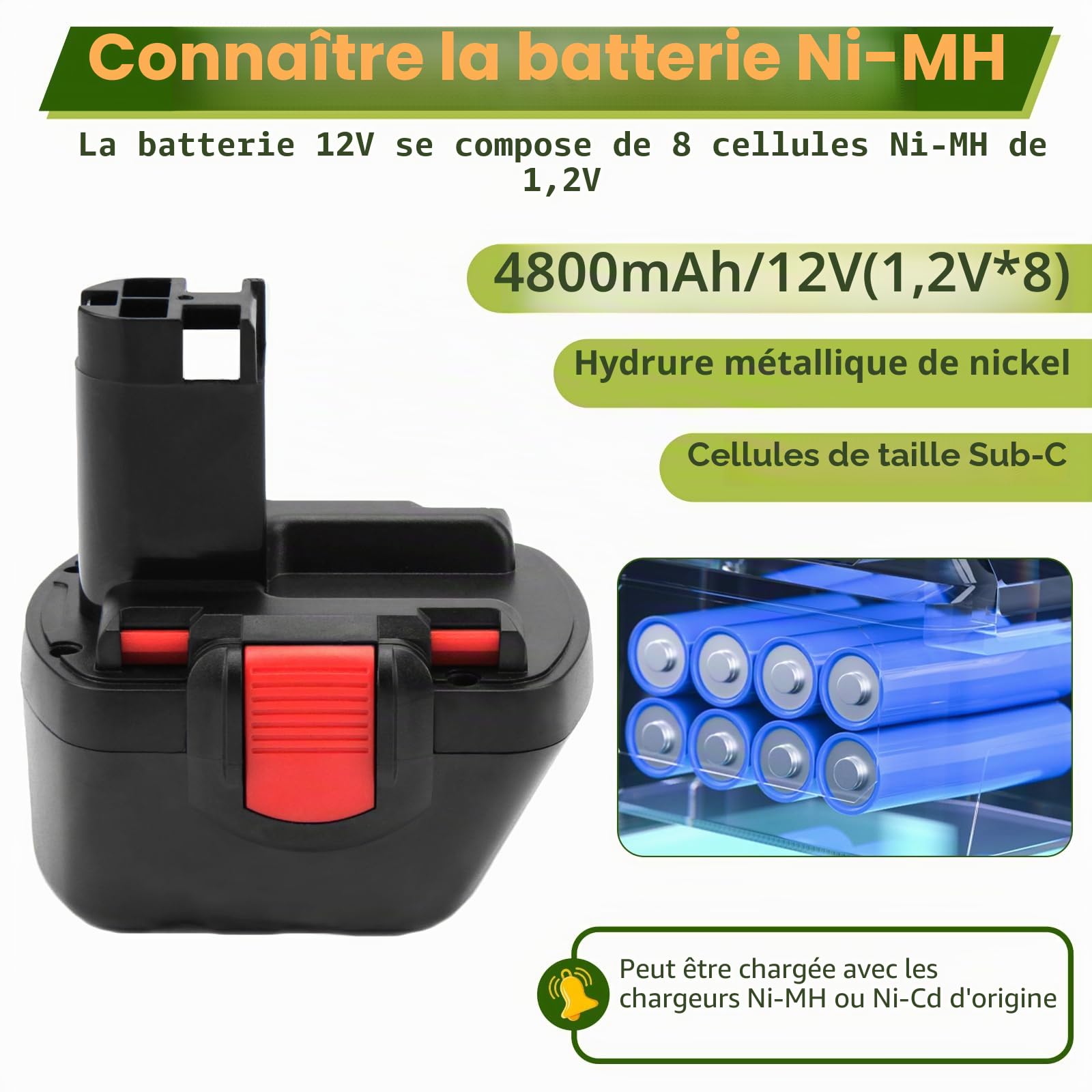 2 pièces 12V 4800mAh Ni-MH Rechange pour Batterie Bosch BAT043 BAT045 BAT120 BAT139 2607335542 2607335526 2607335274 GSR 12-2 12VE-2 PSR 12 GSB 12VE-2 22612 23612 32612