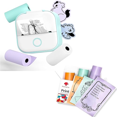 Phomemo T02 - Juego de impresora con 3 rollos de impresora sin tinta de papel, mini impresora de calcomanías para impresora Bluetooth térmica de