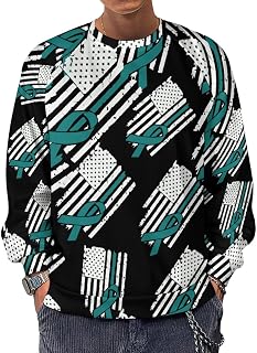 USA Flag Ovarian Cancer Awareness Men's Crewneck Sweatshirt Long Sleeve Casual Pullover Sweater T-shirt Lightweight Tops