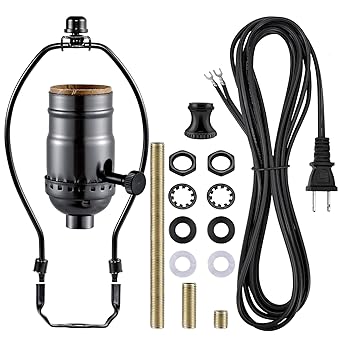 Lamp Making Kit,Make a Lamp or Repair Kit,3-Way Lamp Socket with Matching Cord Lamp Harp Set,Lamp Wiring Kit for Table Floor Lamp,Essential Hardware for DIY Lamp Design or Repair Black, 1