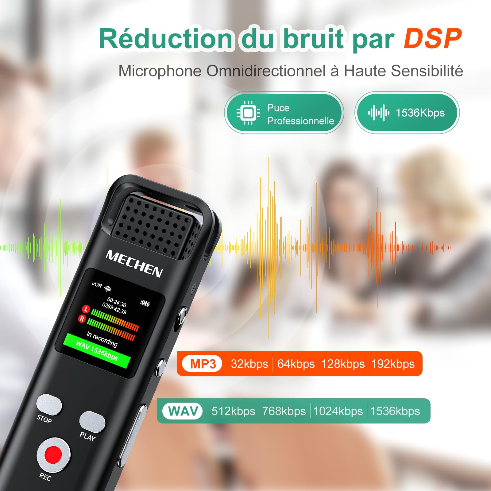 MECHEN Enregistreur Vocal 128 Go, 1536 kbps Dictaphone Numérique