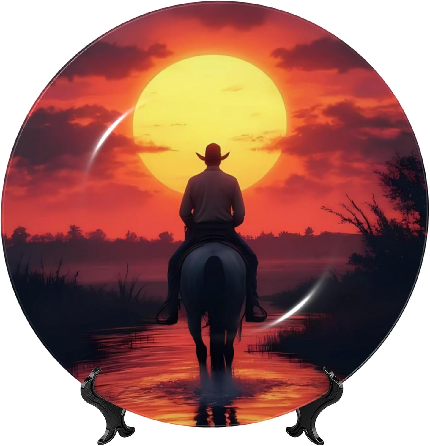Decorative Plate Ceramic Plate for Wall Hanging 10in Accent Plate for Office Living Room Hallway Table Decor - Sunset River Western Cowboy