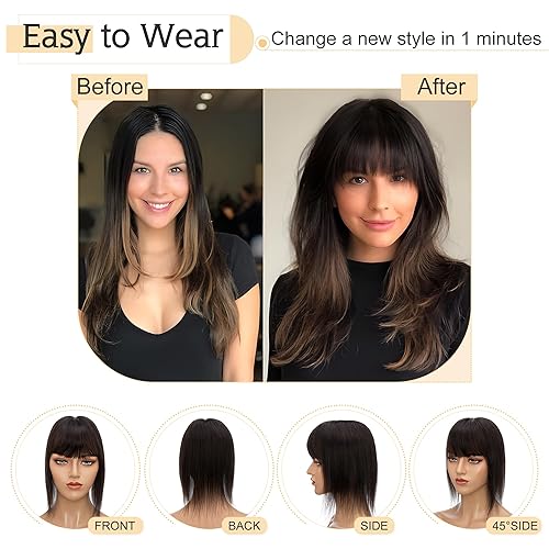 Miniatura 5 de SEGO Toppers para el cabello para mujer, cabello humano real con flequillo, base de seda de 2.8 x 5.1 in, 100% cabello humano Remy, clip en la parte