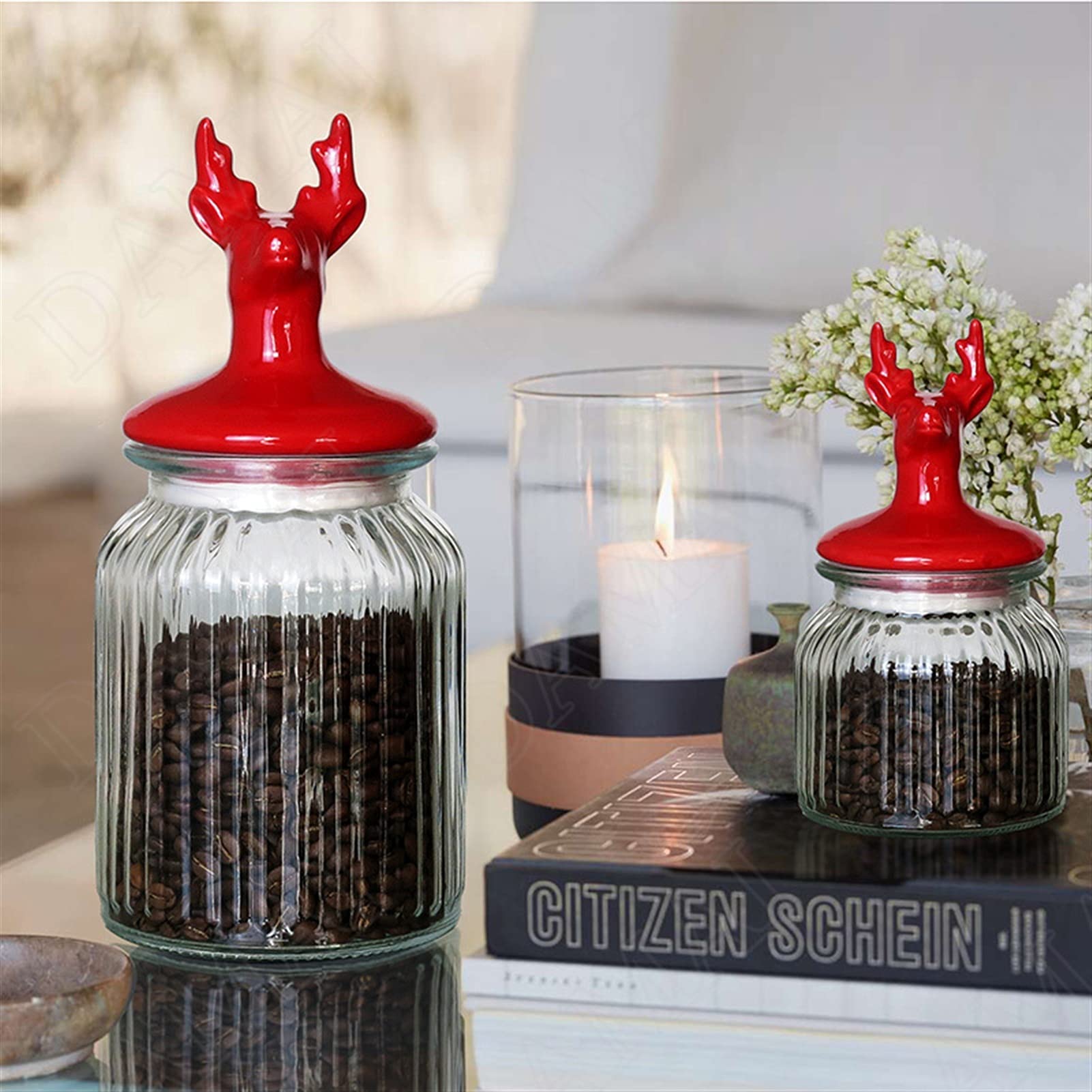 Botes para Alimentos Tarjetas de almacenamiento de vidrio europeo SELLADO PUEDE CON LA TAPA COCINA CEREAL DISPENSADOR ELK Decorativo Desktop Snacks Organizador Jar Decoración del hogar Moderno Botes H